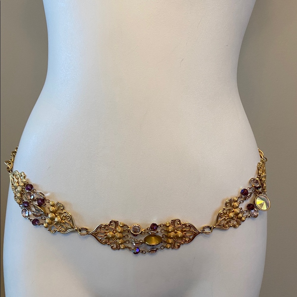 Gold-Tone Filigree Statement chain Belt with Iridescent and Purple Stones-36"